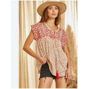 Savanna Jane Womens embroidered Animal Print Rayon Blouse Tassels size medium